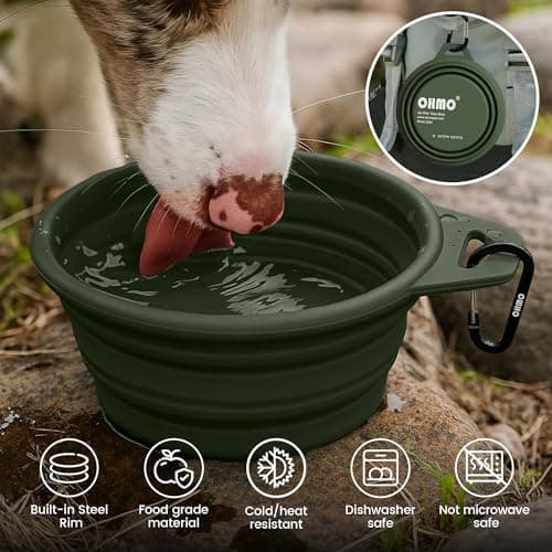 OHMO Large Collapsible Dog Bowl with Steel Ring, 800ml, Camo Green — view 5