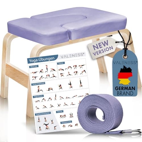 VALENESS® Yoga Headstand Stool - Premium Quality Yoga Stool Including Yoga Strap, Yoga Block & Exercise Poster - Yoga Chair for Handstand Exercise Made of Solid Natural Wood (Violet)