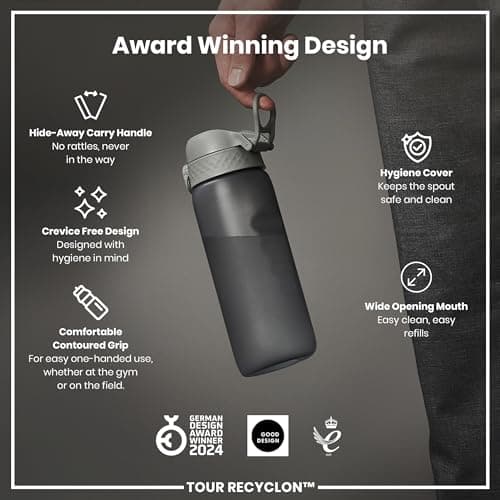 ION8 Sports Water Bottle, 750 ml/24 oz, Leak Proof, Easy to Open, Secure Lock, Dishwasher Safe, BPA Free, Flip Cover, Carry Handle, Soft Touch Contoured Grip, Easy Clean, Odour Free, Grey — view 6