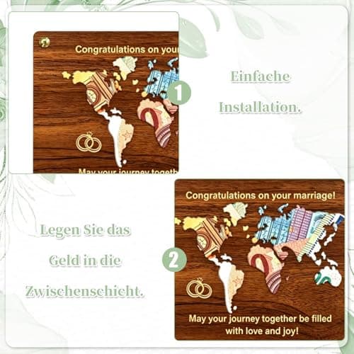 PUQGAOIP Wedding Gifts Creative Wooden Plaque With Holder World Map Design Elegant Marriage Celebration Present And Travel Honeymoon Fund Idea Unique Wedding Money Gift Wallet — view 5