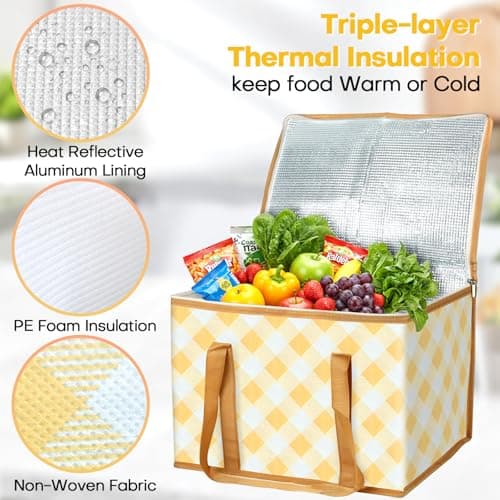 Beautyshow Cool Bag, 40L Large Insulated Bag, Reusable Grocery Shopping Bags with Classic Gingham Design, Foldable Thermal Food Delivery Bags Soft Cooler for Picnic, BBQ, Camping, Beach, Travel, Auto — view 3