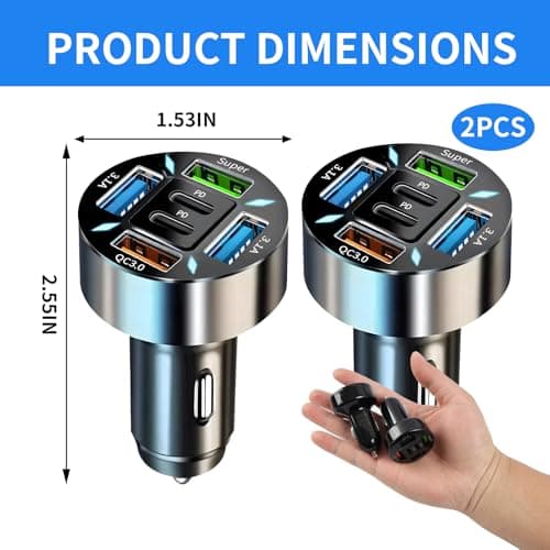 2 Pack 66W USB C Car Charger Adapter, 6 Port Car USB Charger, Fast Charging Car Phone Charger Cigarette Lighter USB Charger for Multiple Devices — view 2