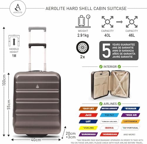 Aerolite Expandable 55x40x20cm to 55x40x23cm Ryanair Priority Wizz Air Priority & More Max Size Lightweight Hard Shell Carry On Hand Cabin Luggage Suitcase 55x40x20 55x40x23, 2-Wheels — view 2
