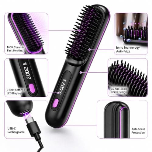 Cordless Hair Straightener Brush,3 Heat Settings 160-200°C with LED Display, MCH Ceramic Heating Anti-Scald Design, Dual Voltage Travel Hair Styling Tool for All Hair Types — view 4