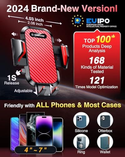 VANMASS 2026 BEST Car Phone Holder [Upgraded Suction&Clip] Military-Grade Rotatable Universal Mobile Mount for Dashboard Windscreen Vent, Van Stand Cradle for iPhone 17 16 15 Samsung,Red — view 4