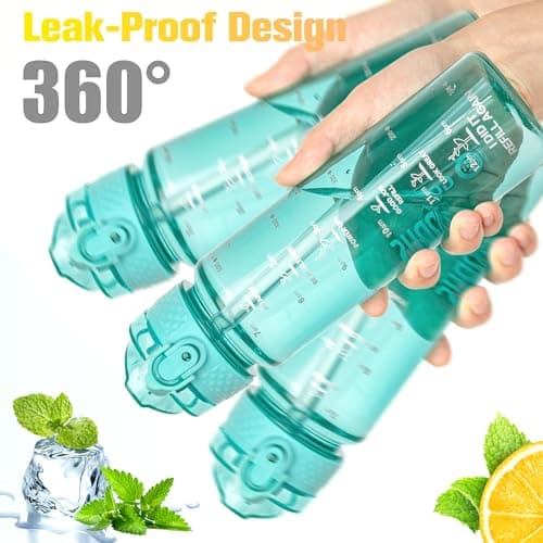 GOPPUS 500ml/17oz Kids Water Bottles with Straw Tritan Childrens Bottle with Flip Top Lid BPA Free Measured Drinks Bottle with Strap Sports Reusable Time Markings Leakproof (Transparent Mint Green) — view 5