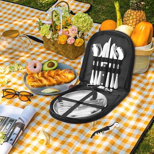 14 Pcs Camping Plate Set - Reusable Stainless Steel Cutlery Camping Cutlery Set with Plates Forks Spoons Corkscrew, Ideal for Road Trips, Picnics and Camping Adventures - Suitable for 2 People — view 2