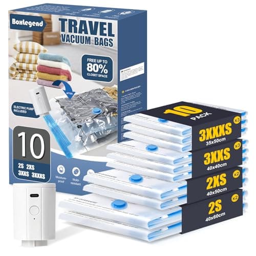 BoxLegend 10 Pack Travel Vacuum Storage Bags for Clothes with 1200mAh USB Electric Pump - Thickened & Waterproof, Fits Suitcases & Backpacks, 2* 60×40+ 2* 50×40 +2* 40×40+ 3* 40x35cm, Save 70% Space