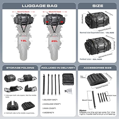 Rhinowalk Motorcycle Tail Bag Expandable 19-26L Motor Travel Luggage Motorbike Rear Rack Trunk Storage Bag with Waterproof Rain Cover Motorcycle Accessories,Black — view 3