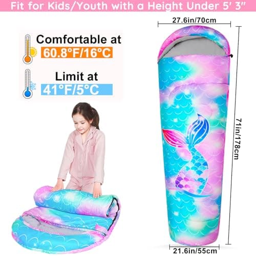 MHJY Kids Sleeping Bag for Girls Boys 3 Season Warm & Cool Weather Youth with Backpacking Bag Waterproof for Traveling Hiking Outdoor Camping Essentials — view 2