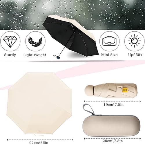 Shunshi Folding Travel Umbrella, 6 Ribs Folding Sun Anti-UV Windproof Rain Umbrella,Fast Dry,Portable Pocket Lightweight Small Compact Umbrella with Capsule Case for Men Women Teens (Beige) — view 2