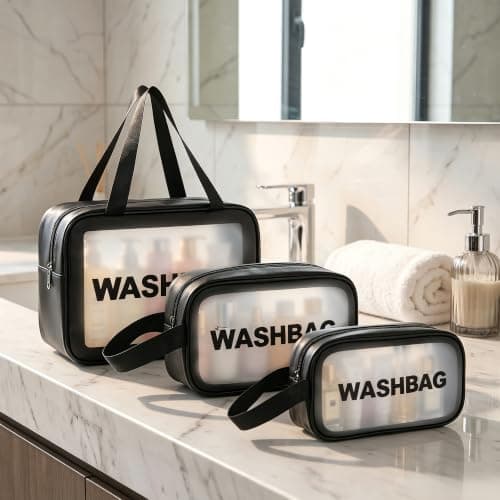 WUBAYI 5Pcs Clear Toiletry Bag, Waterproof PU Makeup Bag with Zipper Handle, Portable Airport Cosmetic Bag for Women & Men, Travel Accessories Wash Bag for Travelling & Holiday (Black) — view 5