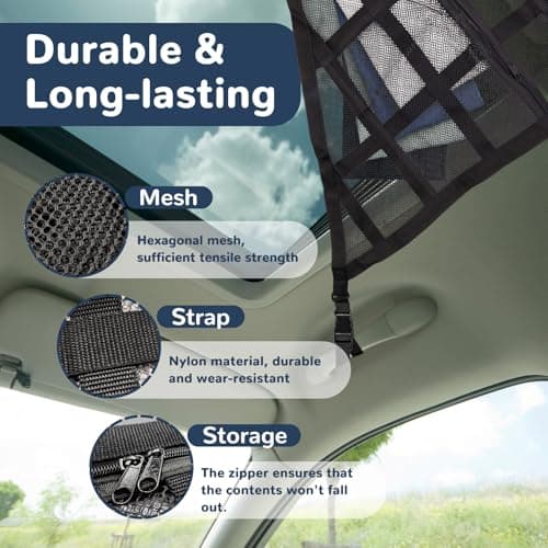 Thatyro Large Black Car Ceiling Cargo Net with Three Handles Mesh Truck Pocket, Double-Layer Roof Rack Cargo Net for Road Trip Organizers Camping Storage Car Living Essentials — view 3