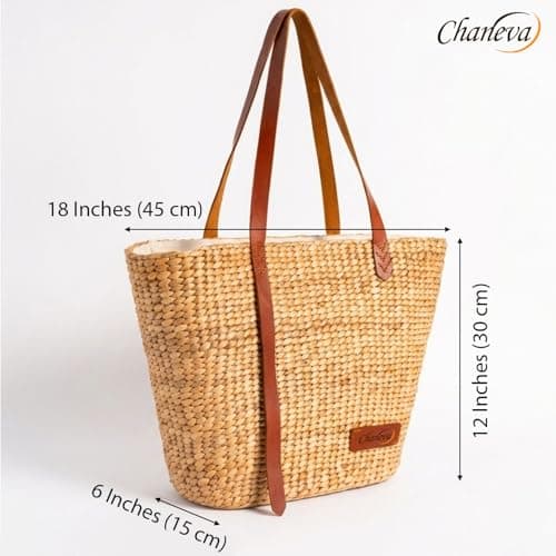 CHANEVA Large Woven Tote Bag for Women, Water Hyacinth Straw Shoulder Bag with Leather Straps, Summer Beach Bag, Rattan Work Bag Fits A4, Handmade Boho Handbag for Ladies, 18x6x12 Inches — view 4