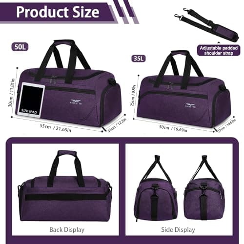 FIORETTO 35L Mens Sports Gym Bag with Wet Pocket & Shoe Compartment,Travel Duffle Bag Overnight Bag with Padded Shoulder Strap, Water-Resistant Sports Holdall for Swimming, Basketball Dark Purple — view 4