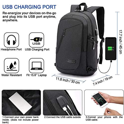 WENIG Anti-Theft Laptop Backpack,Business Travel Backpack Bag with USB Charging Port Lock,Water Resistant College School Computer Rucksack Work Backpack for Mens Womens Fits 15.6 Inch Laptop-Black — view 2