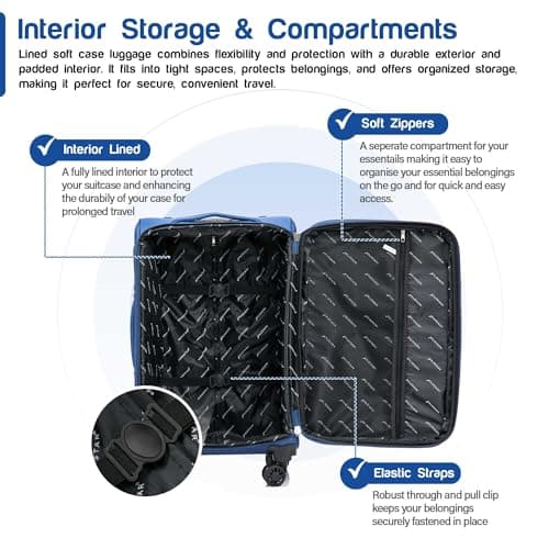 Aerostar Carry-on 20" Lightweight Soft Expandable Suitcase, Hand Luggage 4 Wheels & Combination Lock, 55x35x20cm | Accepted All Airlines easyjet, RyanAir, British Airways (Royal Blue, 32 litres) — view 5