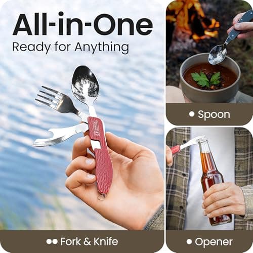 Orblue 4-in-1 Camping Utensils, 2-Pack, Portable Stainless Steel Spoon, Fork, Knife & Bottle Opener Combo Set - Travel, Backpacking Cutlery Multitool (RED 1-Pack) — view 2