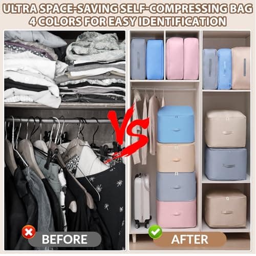 4 Packs Large Space Saving Self Compression Storage Bags for Clothes, Duvets, Bedding, Blankets & Pillows – Foldable Underbed Organiser with Reinforced Handles & 3-Layer Zipper, 52x42x30cm — view 5