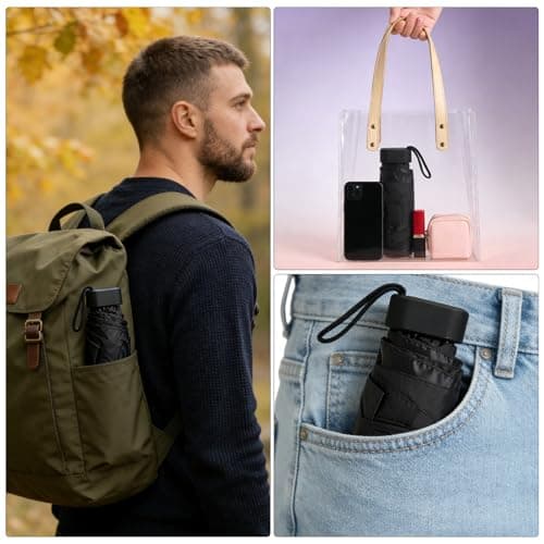 ZRUEWOT Manual Mini folding umbrella, pocket umbrella Black 6 Ribs, with Storage Bag UV Protection Portable Mini Travel Sturdy Pocket Umbrella Unisex Black — view 4