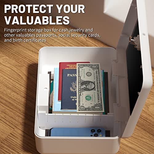AICase Biometric Fingerprint Storage Box,Portable Cash Jewelry Security Case Lock Box Safe,Combination Lock for Car, Home,Office Travel White_01 — view 6
