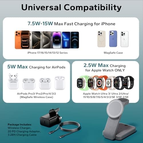Eazpower 3 in 1 Wireless Charging Station for Apple Watch and iPhone, Foldable Magnetic Charger Stand for iPhone 17e/Air/17-12 Series, AirPods, Travel Magsafe Charging Dock with Night Light — view 6