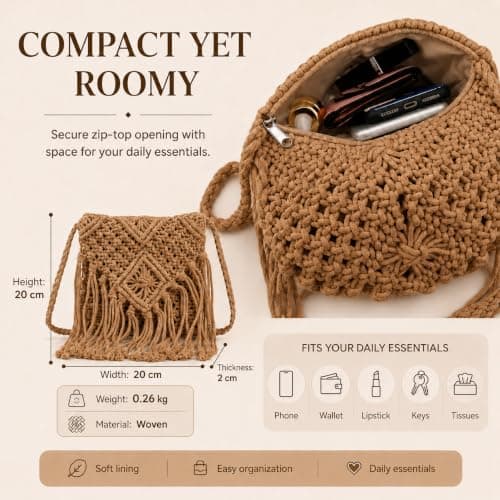 Fjquamitix Straw Cross Body Bag Women Boho Macrame Handmade Crochet Bag With Zipper Closure Fringe Shoulder Beach Purse Summer Handbags Travel Vacation Daily Use (Coffee) — view 5