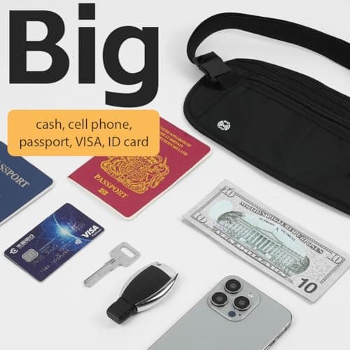 DiULi RFID Blocking Money Belt for Travel, Hidden Bum Bag with Adjustable Elastic Waist Strap, Secure Passport Pouch with 5 Free Card Sleeves, Anti-Pickpocket Protection for Cash & Phone Black — view 6