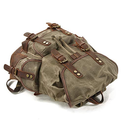 Mens Genuine Leather-Waxed Canvas Backpack Shoulder Rucksack, Vintage Mountaineering Travel Bag, Heavy Duty, Waterproof, Oversized Highly Spacious Bag for Traveling, Outdoor, Weekender — view 5