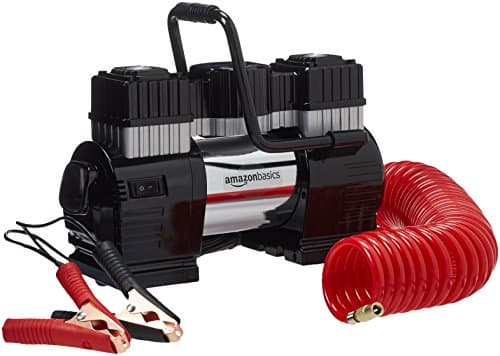 Amazon Basics Portable Digital Air Compressor, Heavy Duty Tyre Inflator with 12V DC Dual Cylinder, 120 PSI, 60L/Min, Auto Shut-Off, LED Light, 5M Hose, Battery Clamps, Carrying Case, Black/Red