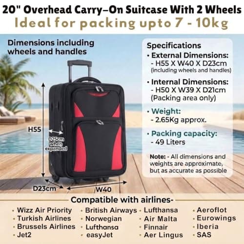 DK Luggage Carry-on 20” Lightweight Expandable Overhead Cabin Wizz air, EasyJet, BA, Jet 2 Hand Luggage Approved Suitcase 2 Wheel Luggage DK16 (Black/Red, 20" Cabin) — view 2