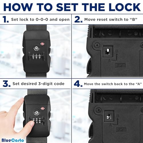 BlueCosto - Luggage Strap with TSA Lock - 2.2 to 4m Adjustable, Jet Black - TSA Approved Suitcase Security Belt with 3 Digit Combination Locking - 5cm Wide Heavy Duty Baggage Strap for Secure Travel — view 4