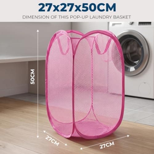 HOMESHOPA Laundry Baskets Pop Up Mesh Washing Bag, Pink Foldable Dirty Clothes Baskets with Handles&Side Pocket, Collapsible Toy Tidy Storage Organiser, Great for Kids Room, College Dorm Travel — view 2