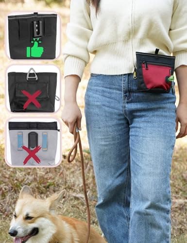 Gobeigo Dog Treat Pouch and Training Clicker, Upgrade Two Magnetic Closure to Prevent Spills, 2 Cup Treat Bag with Poop Bag Dispenser, Metal Clip Waist Belt Fanny Pack for Pet Walking(Black/Red) — view 4