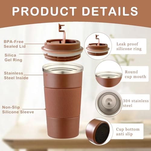 Senshuomy Travel Mug, Insulated Coffee Cup with Leakproof Lid(Brown/510ml) — view 4