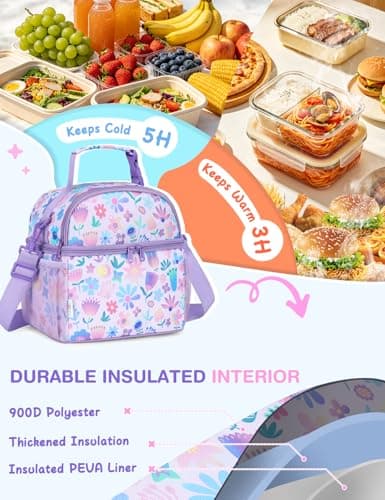 VASCHY Lunch Bag for Girls, Insulated Lunch Box Bag Double Decker Cooler Lunch Tote for Toddlers Kids Women School/Daycare/Picnic Lavender Floral — view 3