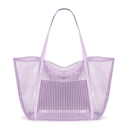 KALIDI FANCY FOREST Foldable Mesh Beach Bag with Zip, 27L Large Mesh Tote Bags for Women Ladies Summer Beach Tote Bag for Holiday Travel,Violet
