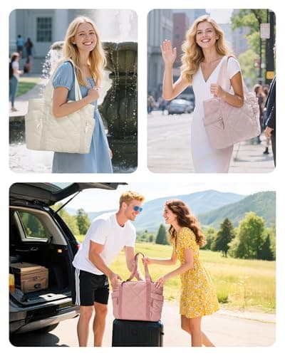 bagsmart Tote Bag for Women, Puffer Work Laptop Tote with Zipper, Multi-Pocket Travel Essentials Quilted Teacher Nurse Travel School Bag — view 2