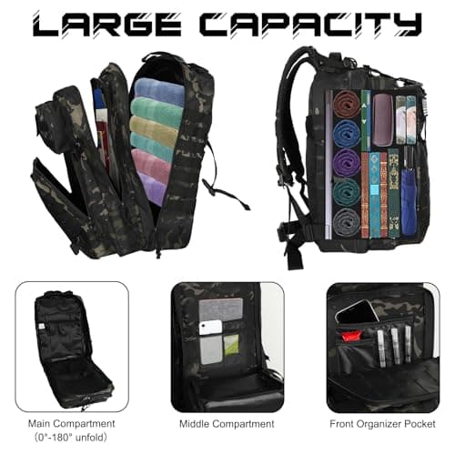 WOLT | Tactical Backpack for Men 45L Military Backpack Large 3 Day Molle Assault Pack Rucking Backpack for Survival Hiking, Camouflage Black — view 4
