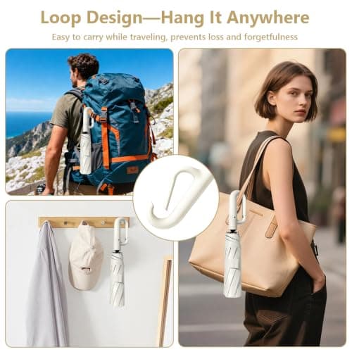 Peldris Compact Umbrella with Carabiner Handle, 10Ribs Folding Portable Strong Windproof Travel Umbrella, Automatic Open Close Umbrellas, Sun Umbrellas UV Protection for Women Men Kids (Beige) — view 6
