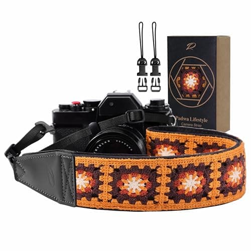 Padwa Lifestyle Yellow Crochet Camera Strap - 2" Full Grain Leather Ends Camera Straps for Photographers, Vintage Embroidered Cotton Soft Suede Fabric Padded Strap with Quick Release fits All Cameras