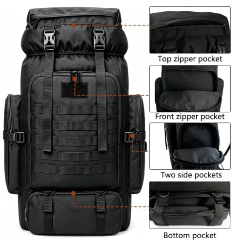 Vaupan Hiking Backpack, 80L/100L Camping Military Tactical Backpack with USB Charging Port, Waterproof Large Travel Daypack Outdoor Molle Rucksack for Men Women (Black-Upgraded 900D) — view 4