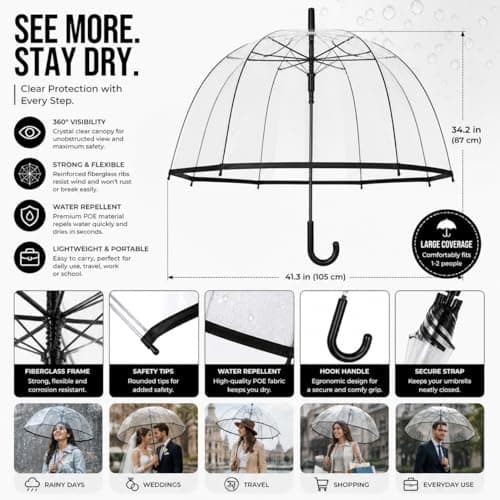 Unirobe Clear Umbrella Dome Transparent Stick Umbrella Windproof Full Coverage Clear Canopy Rain Umbrella for Women Men Wedding Parasol Durable Lightweight — view 3