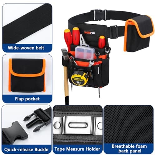 WISEPRO Tool Belt Bag, Waist Tool Pouch Set with Adjustable Nylon Belt, Multi-Pocket Tool Pouches 20-Pockets Tool Belt for Electrician, Carpenters, Gardeners, and Builders (Orange-Black) — view 5