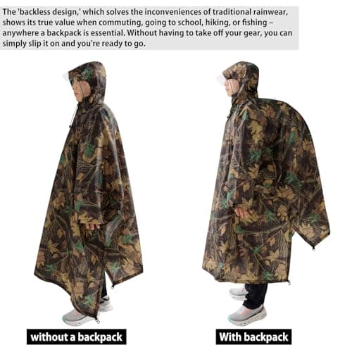 Andake Rain Poncho Waterproof Adult, Lightweight Reusable Raincoat Women Men Unisex with Hood for Hiking, Camping, Outdoor Activities (Tree camo) — view 5