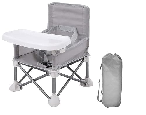 LADIDA Foldable Portable Baby Travel Booster Seat with Tray – High Chair for Dining, Camping, Beach – Toddler Feeding Chair with Removable Tray & Carry Bag (Grey) 308