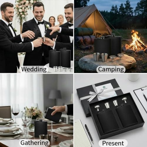 TQIOQIY Stainless Steel Hip Flask 8oz Black - Metal Flask for Whiskey Liquor, Small Pocket Flask with Funnel & Cup, Mini Flask for Men Women Travel Camping Gifts (2 Pack) — view 6