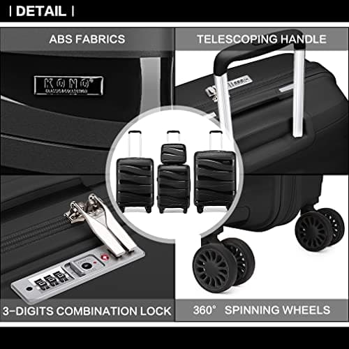 Kono Suitcase Set of 4, Lightweight PP Travel Case & Suitcases for Every Journey, Hard Shell Luggage with Spinner Wheels, TSA Lock & YKK Zips, Cabin to Large Sizes, Black — view 4