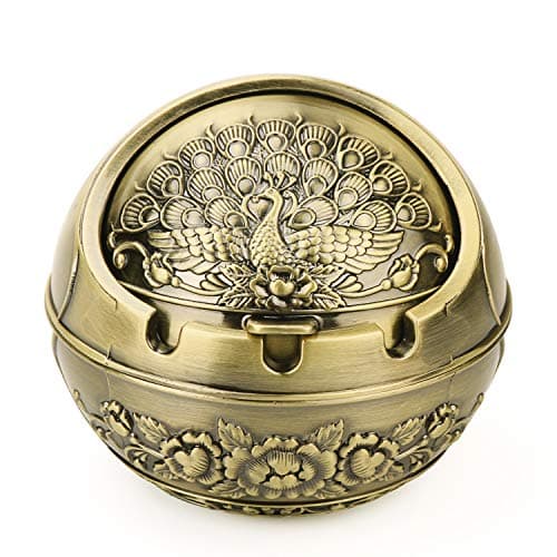 Vintage Decorative Windproof Ashtray with Lid for Cigarettes Metal Portable Cigar Ashtray Odor Eliminator Indoor outdoor Hand Carved Fancy Gift Ornament for Men Women Home Office(Peacock-Bronze)
