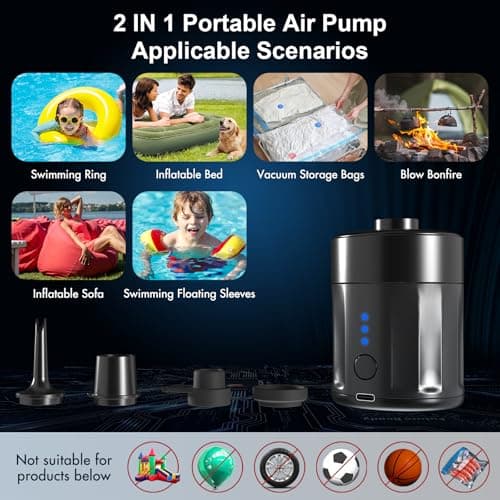 Mojimdo Portable Electric Air Pump for Inflatables, Rechargeable Battery Air Pump for Airbed 2-in-1 Portable Mini Vacuum Pump with 4 Air Nozzles and Storage Bag for Air Mattress, Pool — view 5